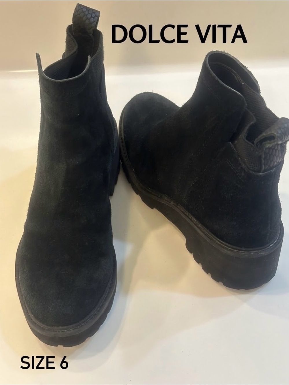 Dolce Vita Women’s Black Suede Chunky Lug Sole Chelsea Boots - Size 6 2” Heel
